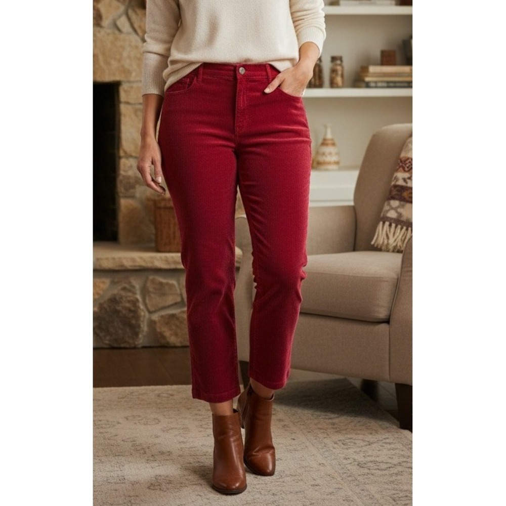 LOFT Corduroy Cropped Pants Women's Size 14 Red Straight Leg High Rise Cotton